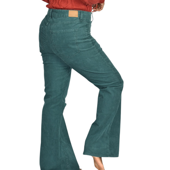 American Eagle Super Hi Rise Flare Corduroy Pants Green Button Fly Retro Teal 8 - Picture 11 of 15